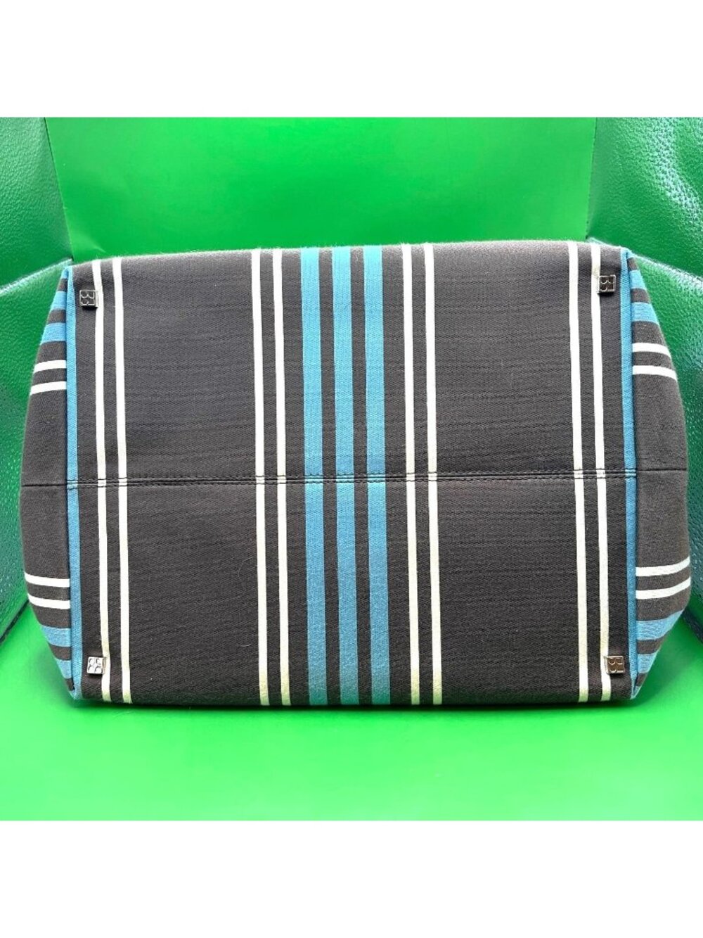 Kate Spade NY Striped Canvas Tote Bag Blue Brown White Leather Handles Italy VTG - Picture 3 of 15